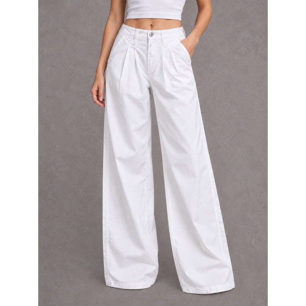 Amo Sheryl Wide Leg Pants Womens 26x31 White Cotton Linen Pleated High Rise